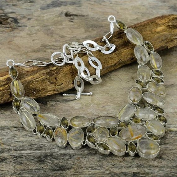 Gold Rutilated Quartz Black Onyx Silver Plated Chunky Necklace