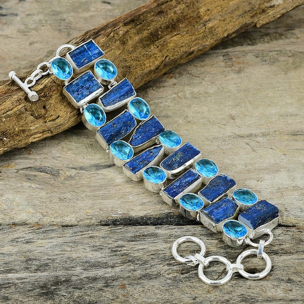 Blue Kyanite & Topaz Silver Plated Bracelet: Raw Gemstone Jewelry