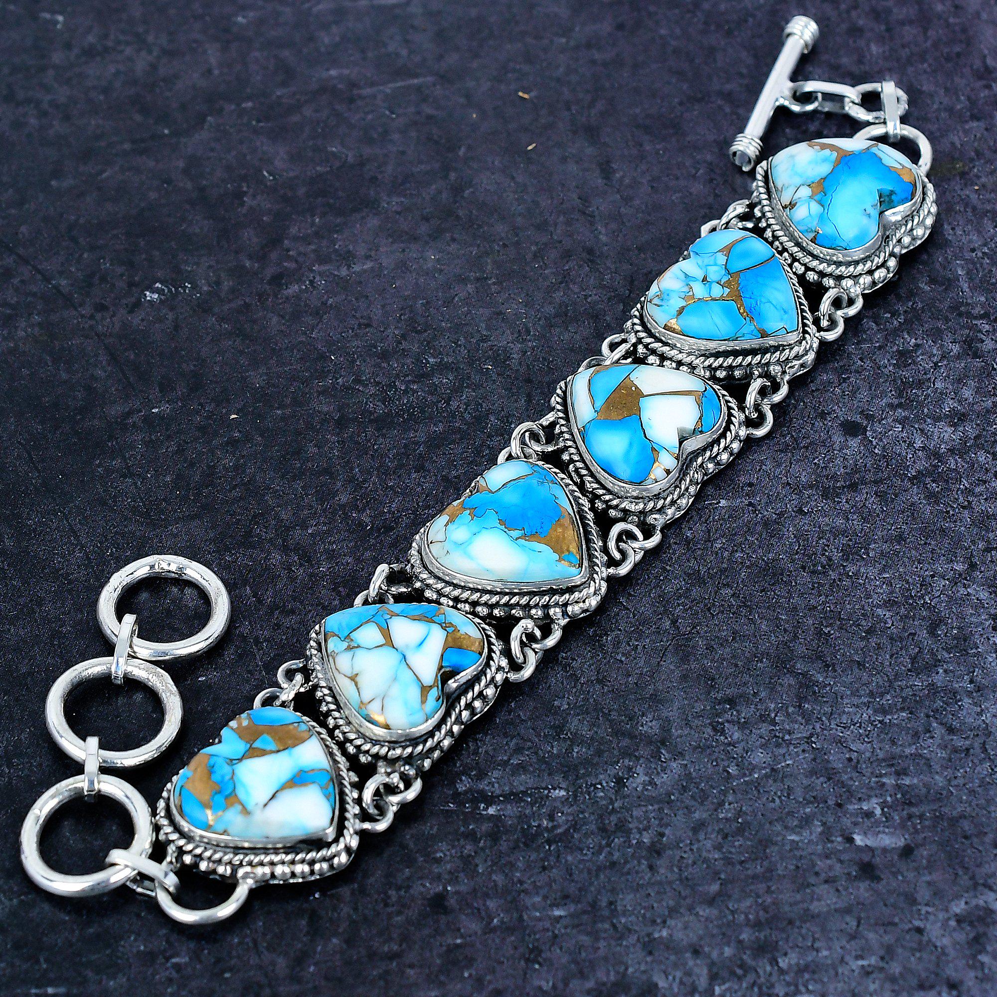 ターコイズハートブレスレット：アイスブルージェムストーンシルバー