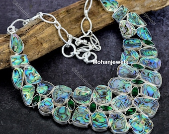 Collana girocollo con abalone, ottone placcato argento, gioiello con pietre preziose regolabile