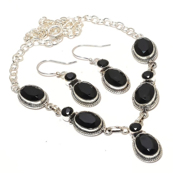 Black Onyx Gemstone Necklace and Earrings Set: Handmade Jewelry