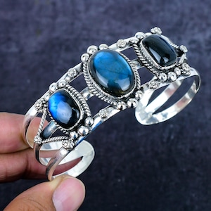 Labradorite Cuff Bracelet, Blue Flashy Labradorite Vintage Silver Cuff Bangle, Handmade Designer Bohemian Jewelry Gift for Wedding
