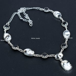 Navajo White Buffalo Turquoise Silver Necklace, Black Onyx Necklace, White & Black Stone Lariat Necklace Jewelry, Birthday Gift for Love