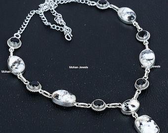 Navajo White Buffalo Turquoise Silver Necklace, Black Onyx Necklace, White & Black Stone Lariat Necklace Jewelry, Birthday Gift for Love