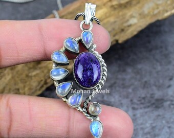 Charoite and Rainbow Moonstone Silver Plated Pendant