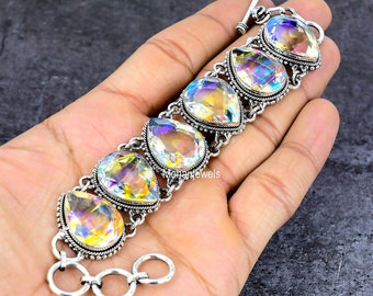 Aurora Quartz Gemstone Bracelet, Sparkling Rainbow Topaz Silver Plated Jewelry, Pear Gemstone Bracelet, Dainty Jewelry