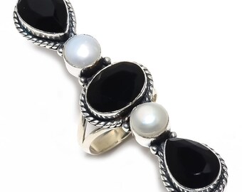 Black Onyx & Pearl Silver Plated Ring: Boho Statement Ring