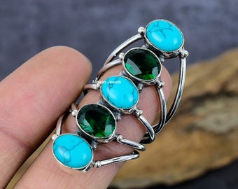 ターコイズ＆クロームダイオプサイドシルバーメッキリング：フル