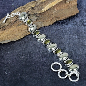 Pyrite Bracelet, Golden Pyrite with Smoky Quartz Gemstone, Handmade Silver Plated Jewelry, Apache Gold Adjustable Bracelet, Wedding Gift