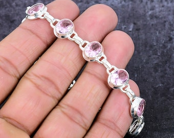 Faceted Rose Quartz Gemstone Handmade Silver Plated Link Bracelet Jewelry for Women