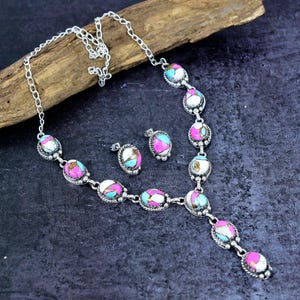 Cotton Candy Turquoise Necklace Earring Set : Silver Plated Boho Jewelry, Blue Pink Gemstone