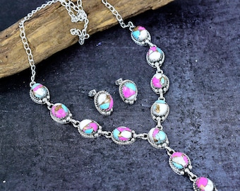 Conjunto de collar y pendientes de turquesa Cotton Candy: joyería bohemia bañada en plata, piedra preciosa azul y rosa.