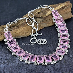 Kunzite Necklace, Octagon Kunzite Silver Plated Vintage Necklace Jewelry, Pink Stone Handmade Artisan Jewelry, Anniversary Gift for Her