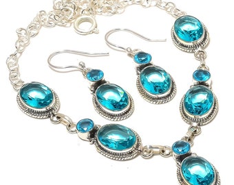 Blue Topaz Necklace & Earrings: Handmade 925 Silver Plated Jewelry Set