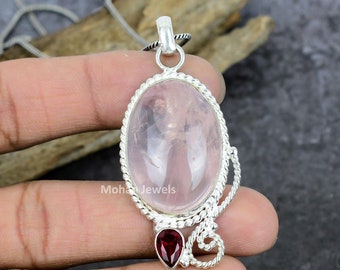 Rose Quartz & Garnet Silver Plated Pendant: Bohemian Necklace