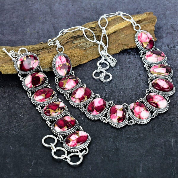 Rode Roos Dahlia Turkoois Ketting en Armband Set: Vintage Verzilverde Sieraden