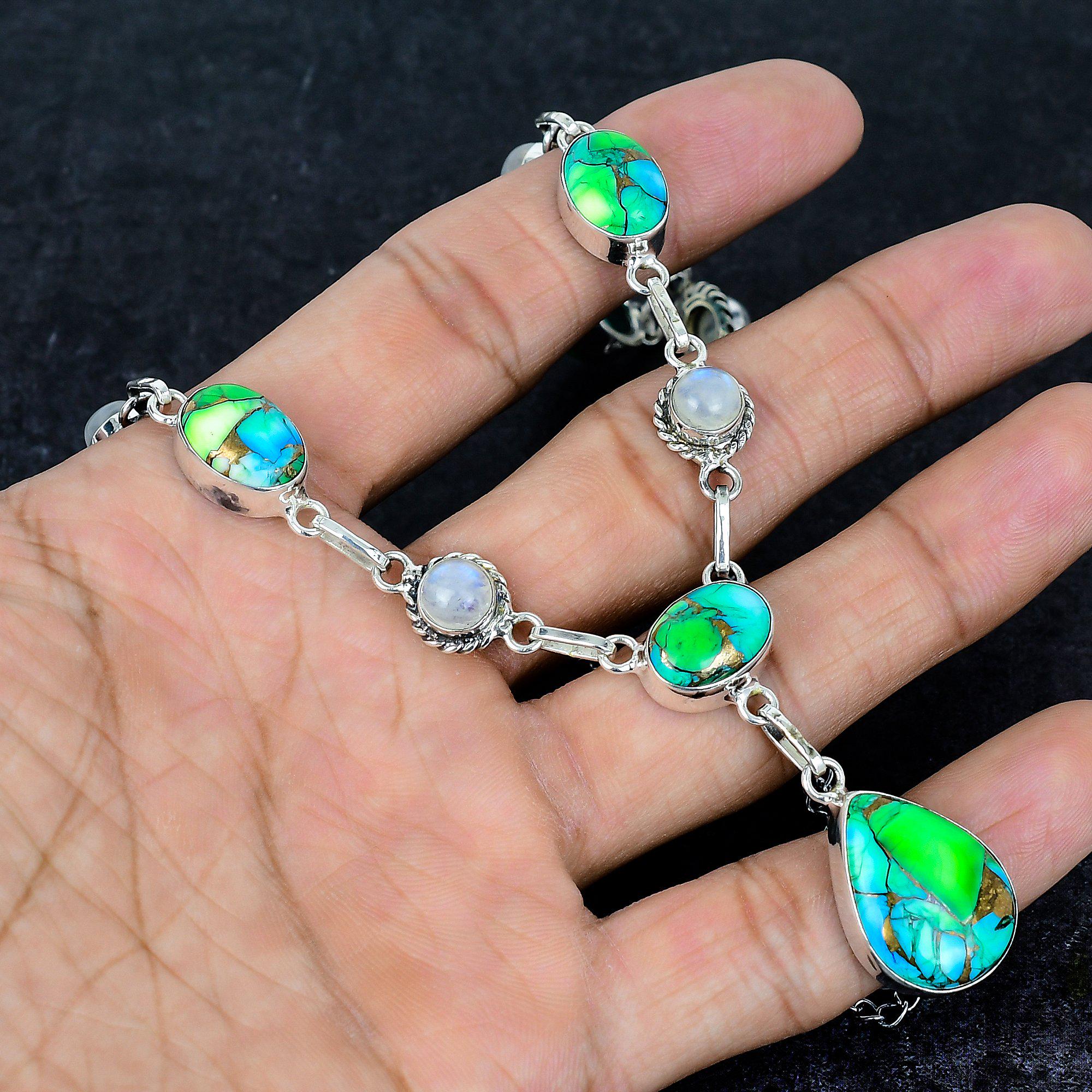 Peacock Dahlia Turquoise Necklace: Rainbow Moonstone & Silver