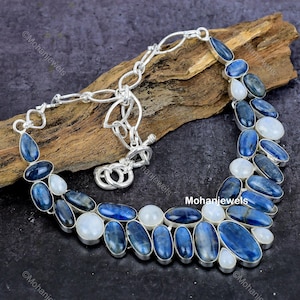 Kyanite Necklace, Natural Blue Kyanite & Rainbow Moonstone Gemstone Silver Plated Jewelry, Women Dainty Necklace, Gift for Her