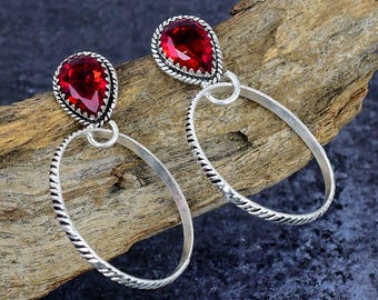 Garnet Drop Hoop Earrings, Silver Plated Twisted Wire Statement Jewelry