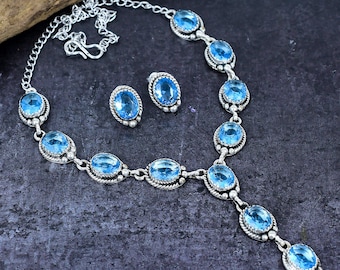 Blue Topaz Silver Plated Handmade  Necklace and Earring Set Jewelry