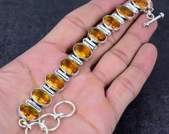 Citrine Bracelet, Faceted Citrine Topaz Silver Plated Bracelet, Yellow Stone Handmade Adjustable Chain Bracelet, Birthday Gifts For Men