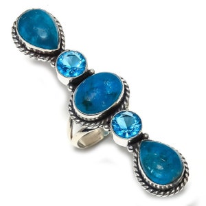 Apatite Ring, Natural Neon Apatite & Blue Topaz Silver Ring, Middle Finger Handmade Long Ring, Birthstone Ring, Engagement Gift for Her