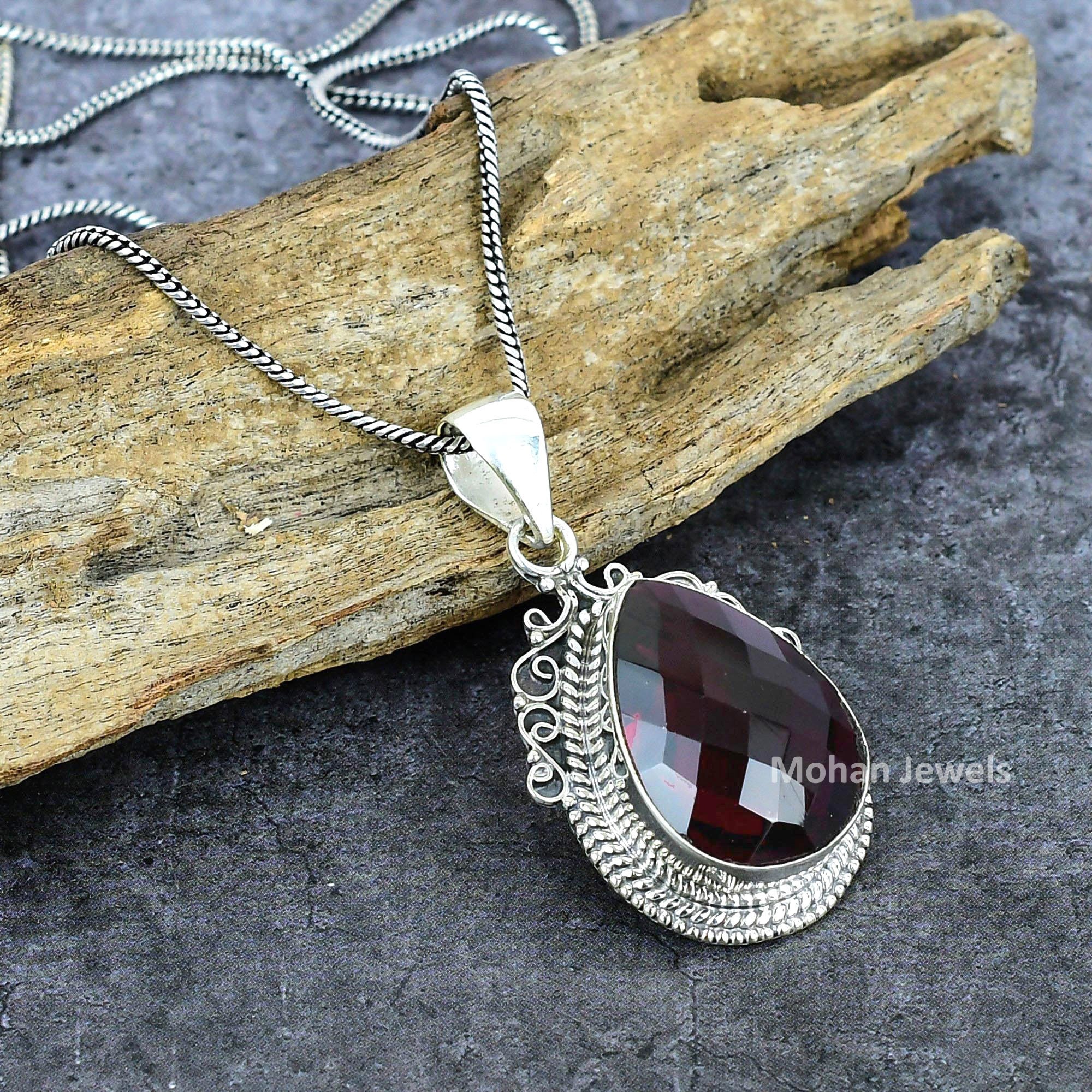 Collier Argent 925 Grenat Du Mozambique - Fait Main, Longueur 18 Pouces, Pierre œil Propre - Bijou Réglable