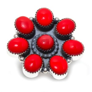 Red Coral Ring, Red Coral Gemstone Silver Plated Ring, Handmade Ring, Unique Ring, Flower Ring, Party Wear, Statement Ring, Anniversary Gift