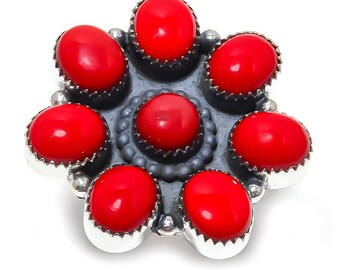 Handmade Red Coral Gemstone Silver Plated Flower Ring