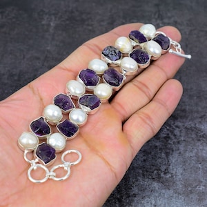 Raw Amethyst & Freshwater Pearl Silver Plated Bracelet: Handmade Gemstone Jewelry