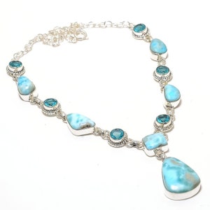 Larimar Necklace, Natural Dominican Larimar & Blue Topaz Gemstone Silver Plated Necklace, Blue Stone Jewelry, Anniversary Gift For Her