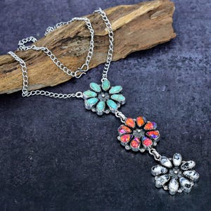 Navajo Buffalo Turquoise Silver Necklace Pink Dahlia Turquoise Statement Necklace Kingman Turquoise Flower Necklace Multi Color Turquoise