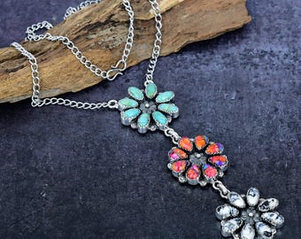 Buffalo and Pink Oyster with Turquoise Cluster Necklace : Handmade Silver Plated Triple Flower Jewelry