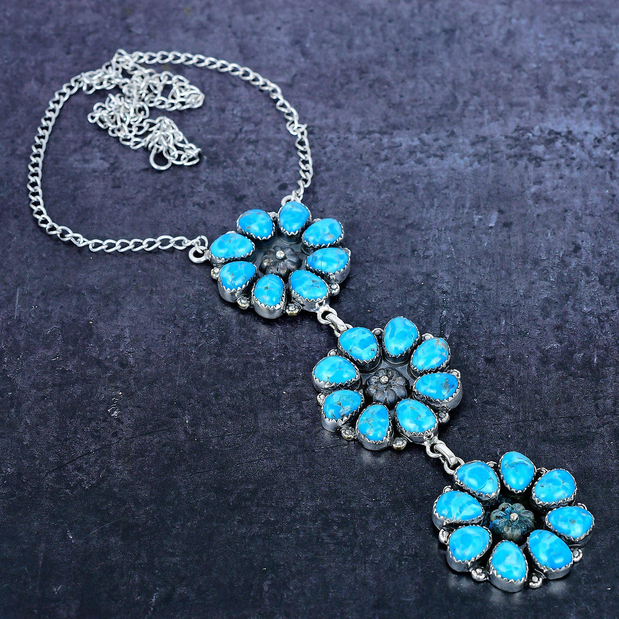 Kingman Turquoise Silver Cluster Necklace: Southwestern Floral