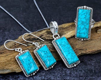 Turquoise Rectangle Bar Silver Pendant Ring & Earrings Jewelry Set