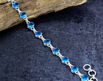 Blue Topaz Bracelet: Handmade Silver Plated Adjustable Boho Jewelry