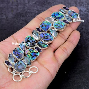 Abalone-schelparmband, Biwa-parel en amethist zilveren armband, Paua Shell-statementarmband, regenboog-schelparmband, Halloween-cadeau