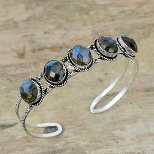 Labradorite Bangle, Faceted Labradorite Cuff Bracelet, Silver Plated Bohemian  Jewelry, Gift for Girlfriend, Healing crystal