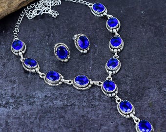 Conjunto de joyería nupcial de tanzanita: collar y pendientes hechos a mano con baño de plata, elegantes joyas nupciales para ella.