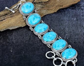 Turquoise Bracelet, Natural Turquoise Gemstone Vintage Silver Bracelet, Handmade Artisan Jewelry Birthday Gift for Her