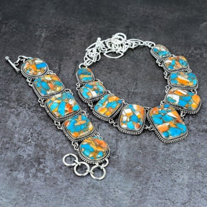 Oyster Turquoise Necklace Bracelet, Spiny Oyster Copper Turquoise Necklace, Multi Color Handmade Vintage Boho Jewelry, Wedding Gift For Her