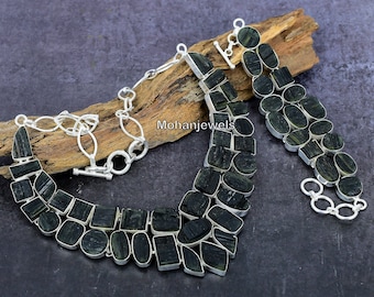 Raw Black Tourmaline Necklace Bracelet Set: Silver Plated Bohemian Jewelry