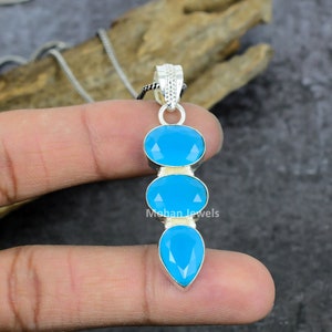 Chalcedony Pendant, Silver Plated Chain Pendant, Faceted Blue Chalcedony Jewelry, Statement Pendant, Gift For Mom