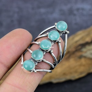 Blauer Katzenauge-Ring, Katzenauge-Edelsteinring, versilberter Tribal-Ring, Heilstein-Schmuck, ovaler Ring, Hochzeitsgeschenk