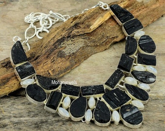 Raw Black Tourmaline Rainbow Moonstone Silver Plated Necklace