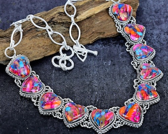 Pink Dahlia Turquoise Heart Necklace Multicolor Turquoise Gemstone Vintage Silver Necklace Handmade Wedding Gift Jewelry for Her/Love
