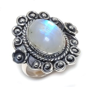 Rainbow Moonstone Ring, Natural Moonstone Silver Plated Ring, Hippie Ring, Handmade Unique Ring, Statement Ring, Engagement Gift For Her