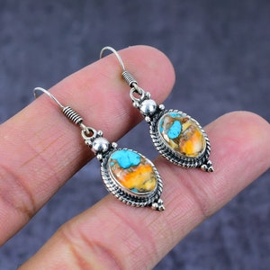 Türkis Ohrringe, Spiny Oyster Türkis Edelstein Silber überzogene Ohrringe, handgemachte baumeln Tropfen Ohrringe, Hochzeitsgeschenk, Valentinsgeschenk