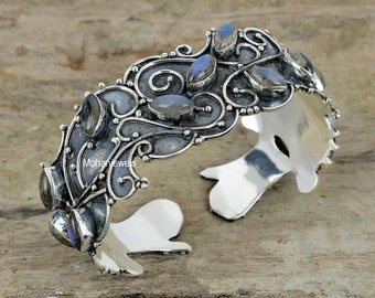 Labradorite Cuff Bracelet: Silver Plated Bohemian Jewelry