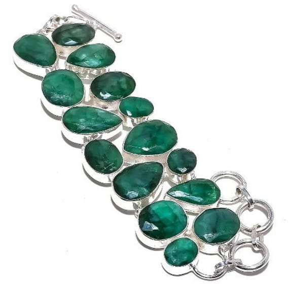 Bracelet plaqué argent avec pierres précieuses émeraude bijoux